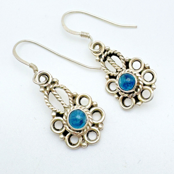 Sterling Silver Blue Glass Earrings Filigree Lightweight 1.25" - Picture 1 of 7